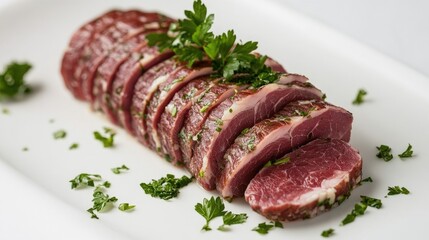 Fototapeta premium Sliced Brawn with Fresh Herbs on White Plate