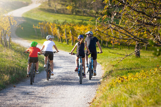 Family of four riding e-bikes in beautiful nature , vineyards