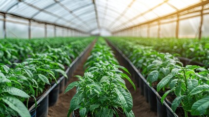 A lush greenhouse filled with vibrant green plants arranged in rows, showcasing healthy growth under bright, natural light.