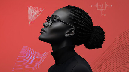 A woman in a minimalist black turtleneck and smart glasses explores quantum computing visualizations and equations in an advanced research lab