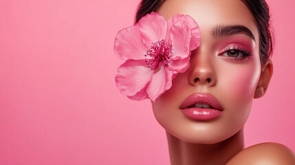 Fototapeta premium Beautiful young woman with flowers and petals on her face. Beauty parlor horizontal banner concept, copyspace Pink background. 