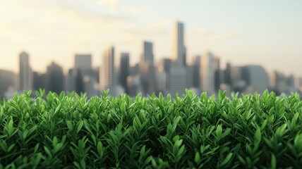 A lush green foreground contrasts with a blurred city skyline in the background, showcasing urban nature harmony.