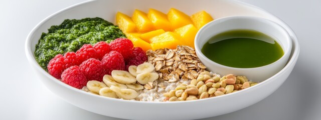 Vibrant and Nutritious Oatmeal Breakfast with Green Tea,Concept of healthy eating, balanced diet, morning routine, wellness, natural ingredients.