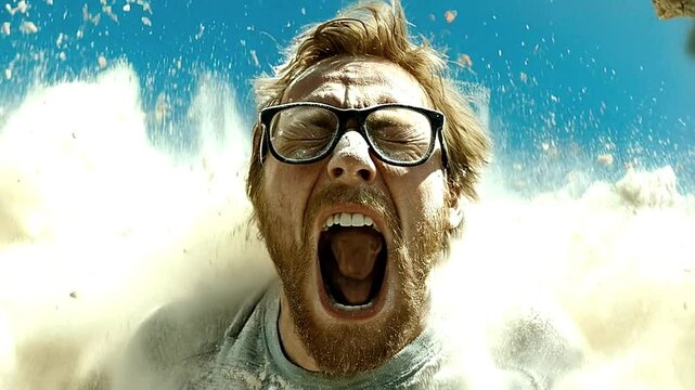 A man screaming and laughing in the water with a funny and silly expression.