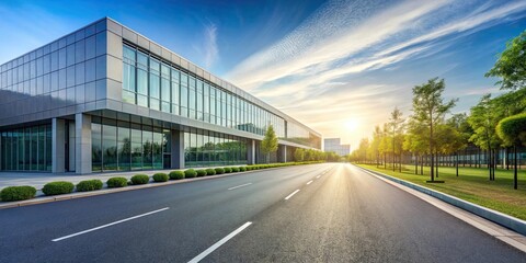 Fototapeta premium Empty road leading to modern building exterior, urban, architecture, cityscape, empty, street, paved, sidewalk