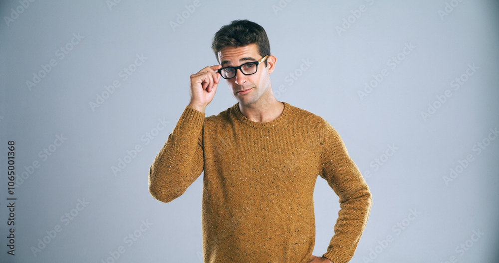 Poster studio, glasses and man with portrait for confidence, positive attitude and ambition by backdrop. gr