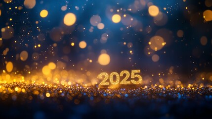 A close-up shot of 2025 in gold glitter on a blue background with bokeh lights.