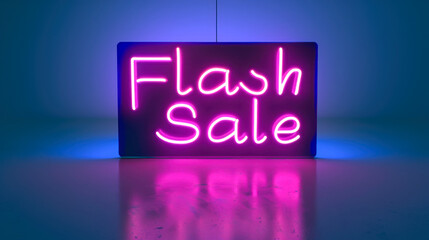 Flash sale neon sign with pink glowing text on blue background