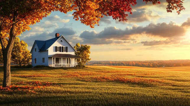 A quaint cottage surrounded by fields, perfect for a peaceful Thanksgiving retreat.