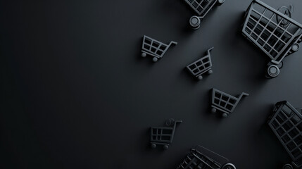 Black shopping cart icons on dark background