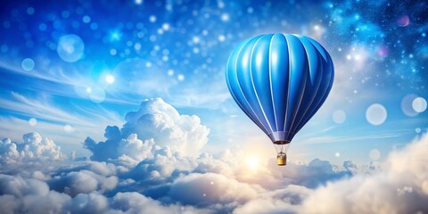 Obraz premium Serene Blue Hot Air Balloon Soars Through a Clear Sky with Fluffy White Clouds and Beautiful Bokeh Effect, Perfect for Travel and Adventure Photography Enthusiasts