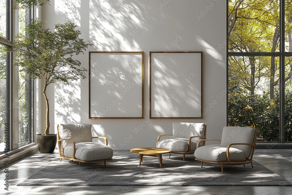 Poster modern living room interior with two empty frames, sunlight and a view of trees