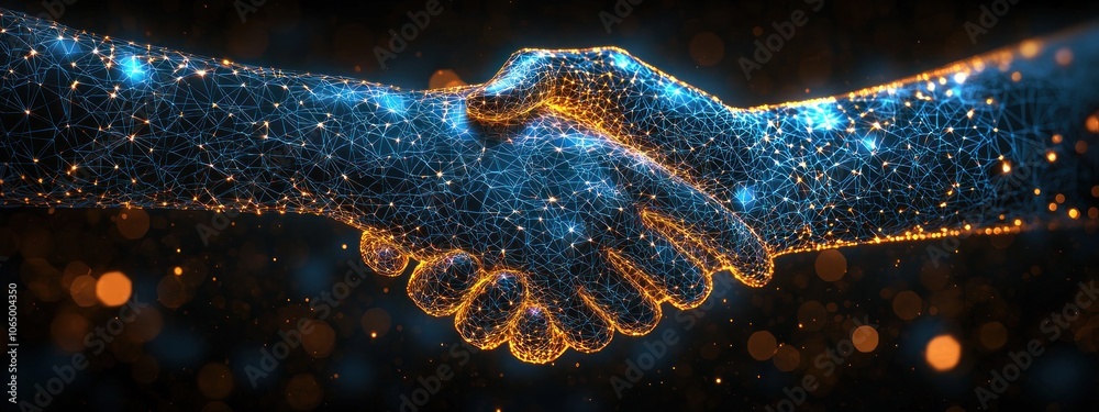 Poster Digital Handshake Constructed of Illuminated Lines and Nodes
