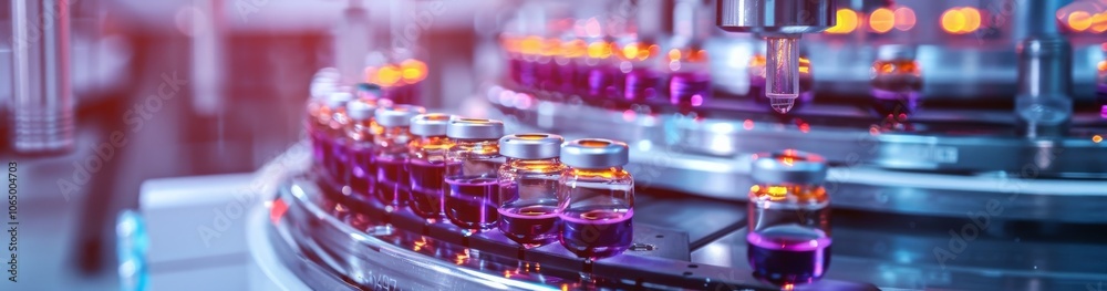 Poster automated vial filling machines in a pharmaceutical lab use advanced technology and robotics for pre