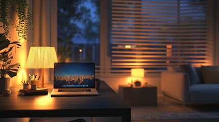 A cozy home office at night with a laptop, lamp, and plants.