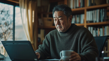 Fototapeta premium 自宅書斎で株価を分析する中年男性