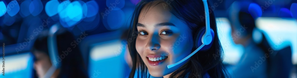 Poster An illustration of a customer support representative in a headset at a modern office symbolizing professional and friendly service with a smiling demeanor and positive work environment