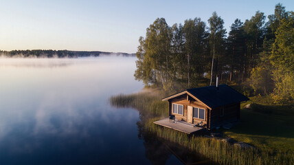 湖畔に佇む木製サウナ小屋