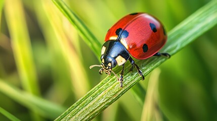 Fototapeta premium A vibrant ladybug perched on a green blade of grass, showcasing its striking red shell adorned with black spots.