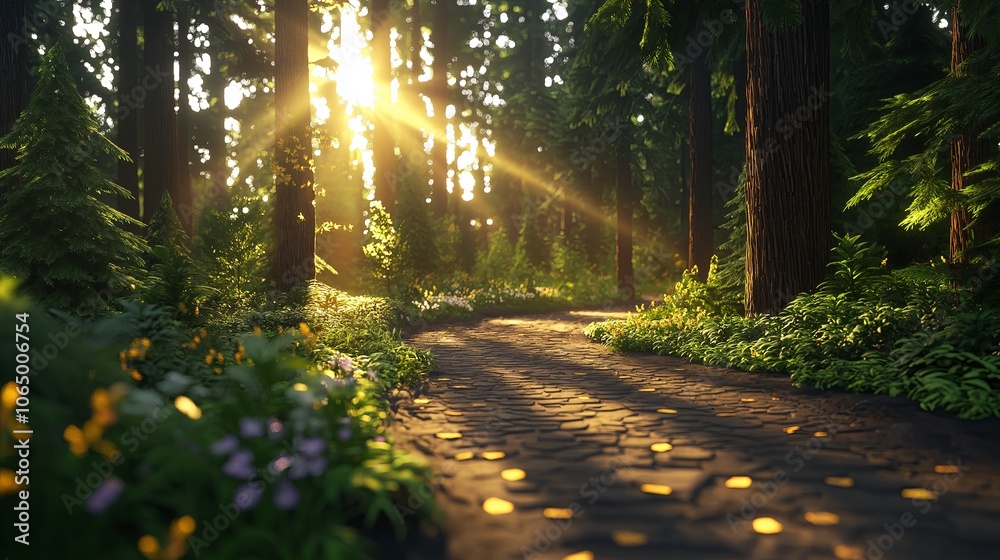 Aufkleber forest path at dawn with light beams