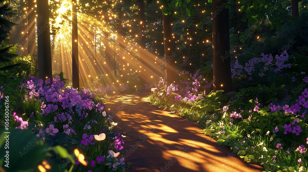 Poster Forest Path at Dawn with Light Beams