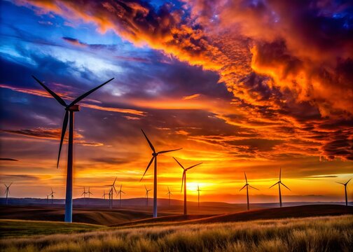 Serene Silhouette of Glenrock Wyoming Wind Farm at Dusk with Majestic Turbines Against a Colorful Sunset Sky