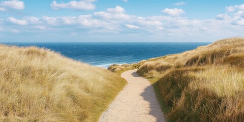 Scenic coastal path winding through golden grass to the ocean under a blue sky.