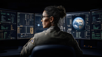 A woman aerospace software engineer actively monitors satellite deployment, analyzing telemetry data and trajectories in a high-tech mission control room