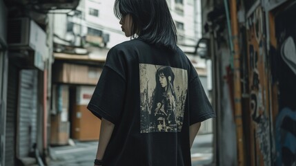 Fototapeta premium Black oversized vintage-style T-shirt with washed finish, featuring both front and back designs.