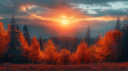 Autumn or fall season. Autumn Forest Sunset Landscape with Vibrant Fall Foliage and Majestic Mountain View