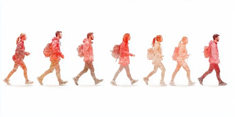 Fototapeta premium Sequence of hikers walking, showcasing diverse outdoor adventure attire.