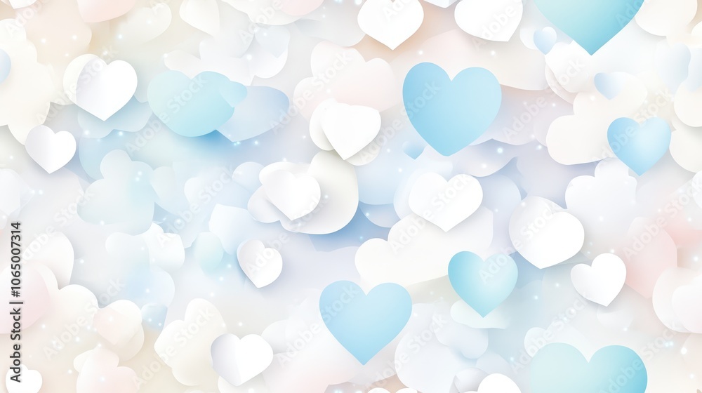 Poster a seamless pattern of pastel-colored hearts and bokeh, creating a dreamy, romantic background with a