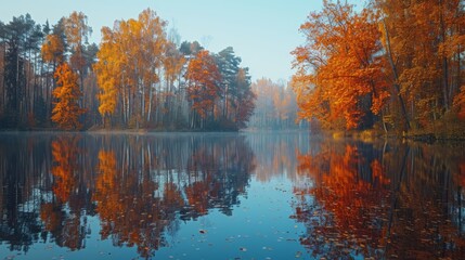 Obraz premium Autumn or fall season. The Tranquility of Autumnal Reflections . A still lake reflecting the vibrant hues of autumn foliage, its surface creating a mirror image of the surrounding beauty.