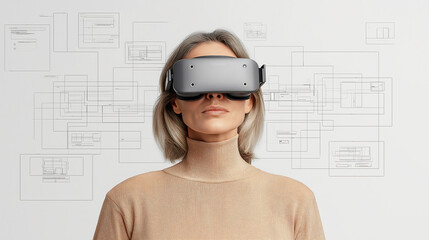 The augmented reality architect tests user interaction maps and floating wireframes in a minimalist design studio marked with bold geometric patterns and spatial computing elements