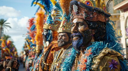 Obraz premium Rio Carnival . Floats adorned with feathers, sequins, and giant papier-masher figures parade down the streets.