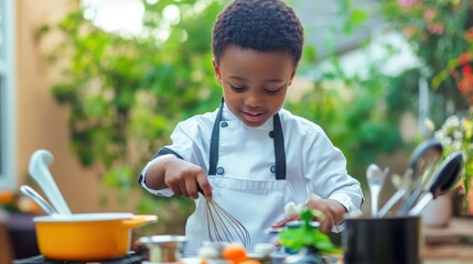 A cheerful young boy plays with a toy kitchen set, pretending to cook while using a whisk outdoors