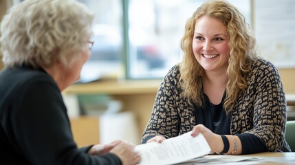 A social worker is seen actively listening and smiling while discussing important paperwork with an elderly client in a community center, fostering a trustful relationship