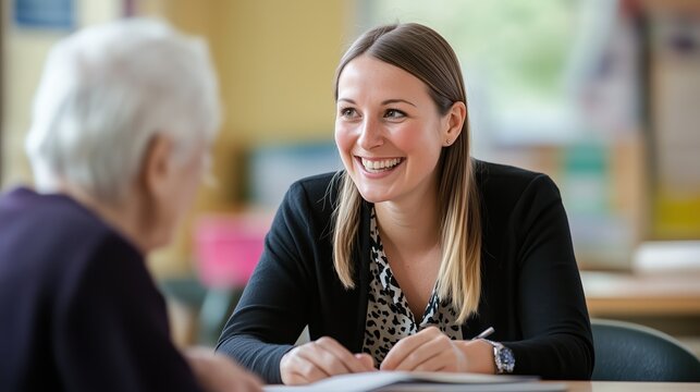 A social worker is smiling and actively listening to an elderly client, creating a supportive atmosphere during their counseling session