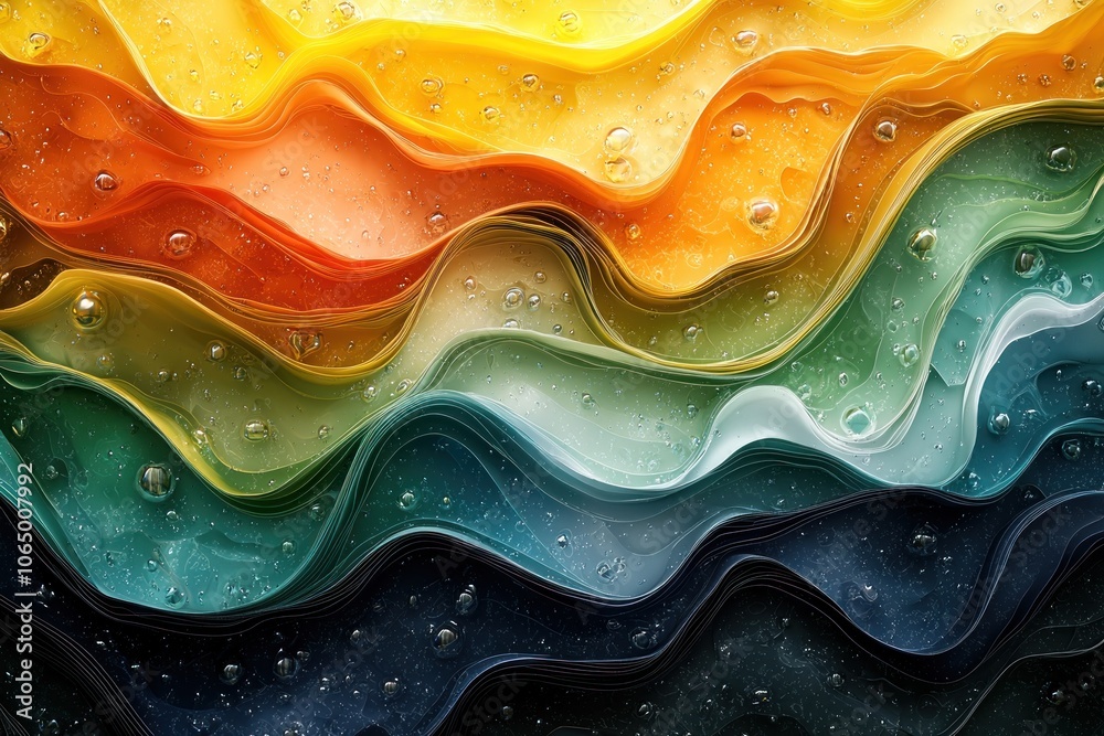 Poster abstract wavy liquid texture with bubbles in vibrant colors