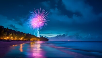 Spectacular fireworks illuminate the night sky over a serene beach creating a breathtaking coastal experience