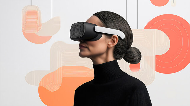 A woman augmented reality architect experiments with spatial computing interfaces in a modern design studio, surrounded by floating wireframes and interaction maps