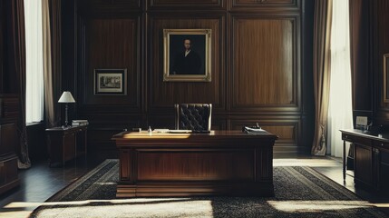 A stylish home office with a leather chair and large windows showing a lush garden view, blending nature with modern workspace design.