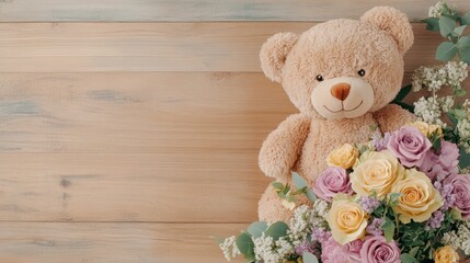 Obraz premium Teddy bear holding a bouquet of pastel roses and hydrangeas against a wooden backdrop, perfect for a Mother's Day gift.