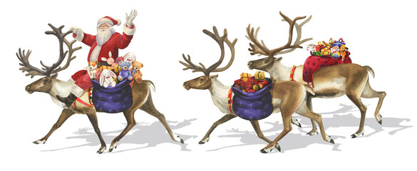 Watercolor Santa Claus, gifts and three reindeer