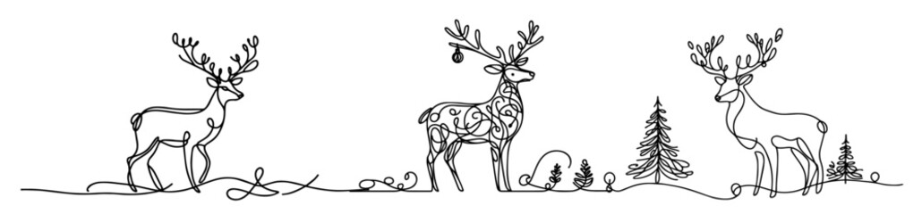 Continuous line art of holiday reindeer with ornaments – black vector design
