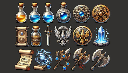 Medieval Fantasy Icons with Crystals Potions and Enchanted Weapons