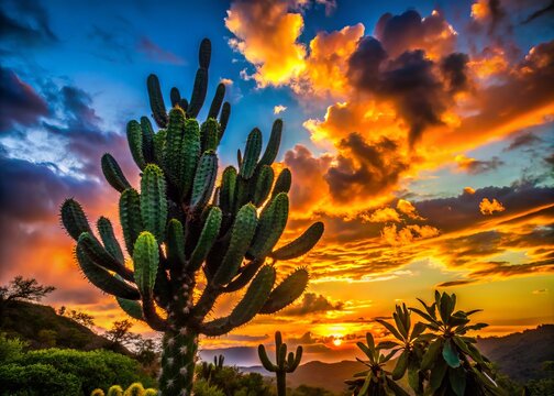 Silhouette of Leuenbergeria bleo Cactus Against a Sunset Sky, Showcasing Unique Leafy Structure and Natural Habitat in Central America's Shady Forests