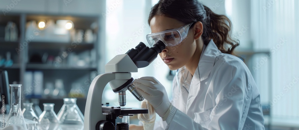 Poster female scientist in lab coat and protective eyewear examines specimens under a microscope. laborator