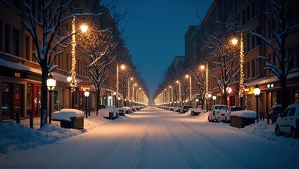 Snow-covered street at dusk, lined with illuminated trees, creating a serene winter atmosphere. Generative, AI,