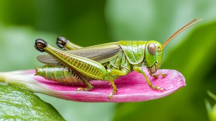 Fototapeta premium A close-up of a green grasshopper perched on a pink petal, showcasing its intricate body and natural habitat.